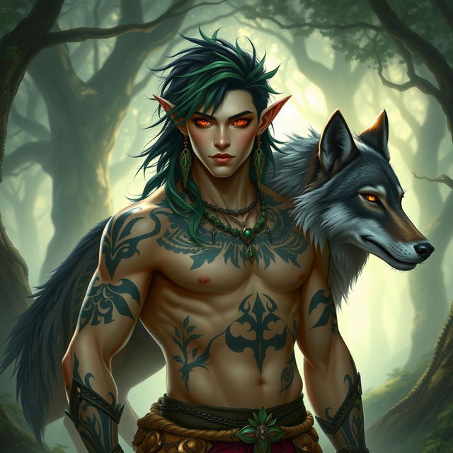 An elf male druid with a captivating combination of black and emerald green hair, whose red eyes glow with ancient knowledge