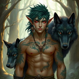 An elf male druid with a captivating combination of black and emerald green hair, whose red eyes glow with ancient knowledge