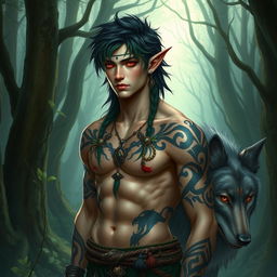 An elf male druid with a captivating combination of black and emerald green hair, whose red eyes glow with ancient knowledge