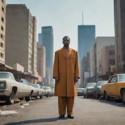 A charismatic character confronting unique challenges in a world that underestimates them, standing proudly amidst towering societal pressures. The scene captures the duality of insignificance and meaning, emanating empowerment and authenticity.