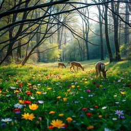 A serene spring forest glade alive with the vivid colors of wildflowers scattered throughout