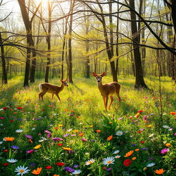 A serene spring forest glade alive with the vivid colors of wildflowers scattered throughout