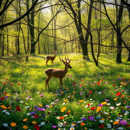 A serene spring forest glade alive with the vivid colors of wildflowers scattered throughout