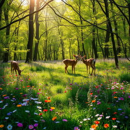 A serene spring forest glade alive with the vivid colors of wildflowers scattered throughout