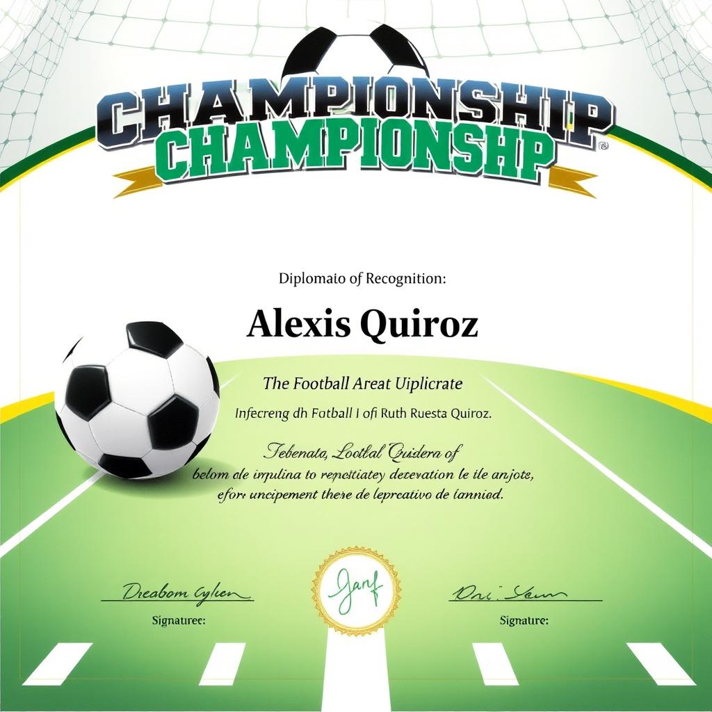 A prestigious football championship diploma featuring dynamic elements like a football and goal netting in the background