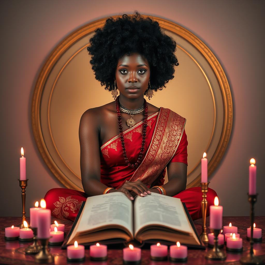 A woman with a pecan complexion and a curly afro hairstyle sits in an Indian style pose