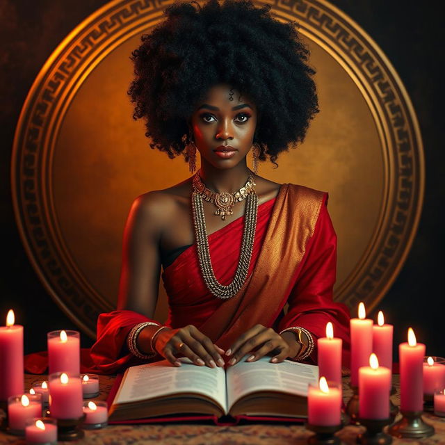 A woman with a pecan complexion and a curly afro hairstyle sits in an Indian style pose