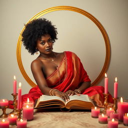 A woman with a pecan complexion and a curly afro hairstyle sits in an Indian style pose