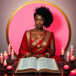 A woman with a pecan complexion and a curly afro hairstyle sits in an Indian style pose