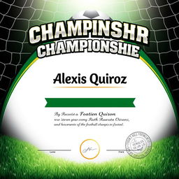 A prestigious football championship diploma featuring dynamic elements like a football and goal netting in the background