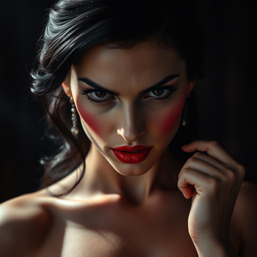 a beautiful, vengeful woman with striking red lipstick