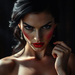 a beautiful, vengeful woman with striking red lipstick