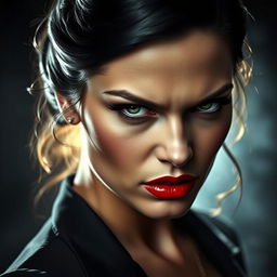 a beautiful, vengeful woman with striking red lipstick