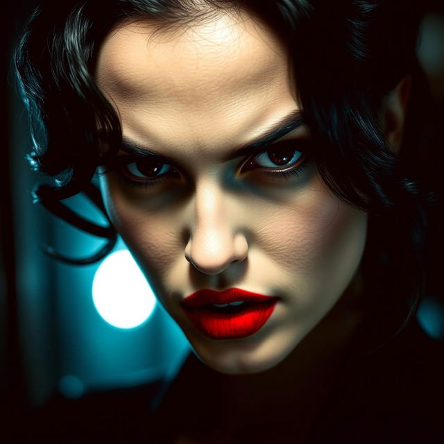 a beautiful, vengeful woman with striking red lipstick