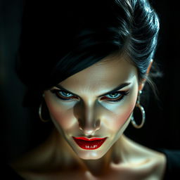 a beautiful, vengeful woman with striking red lipstick