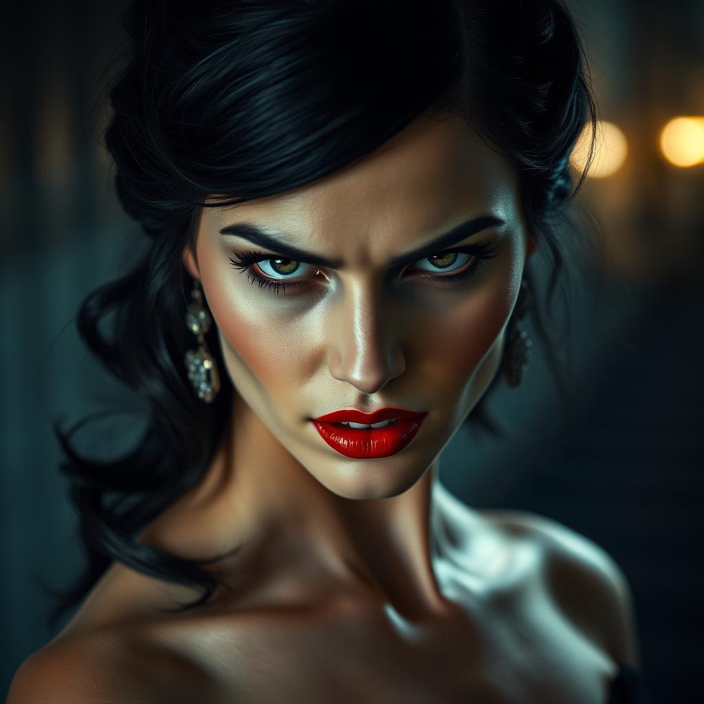 a beautiful, vengeful woman with striking red lipstick