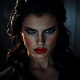 a beautiful, vengeful woman with striking red lipstick