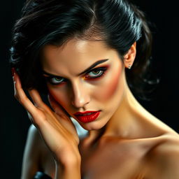 a beautiful, vengeful woman with striking red lipstick