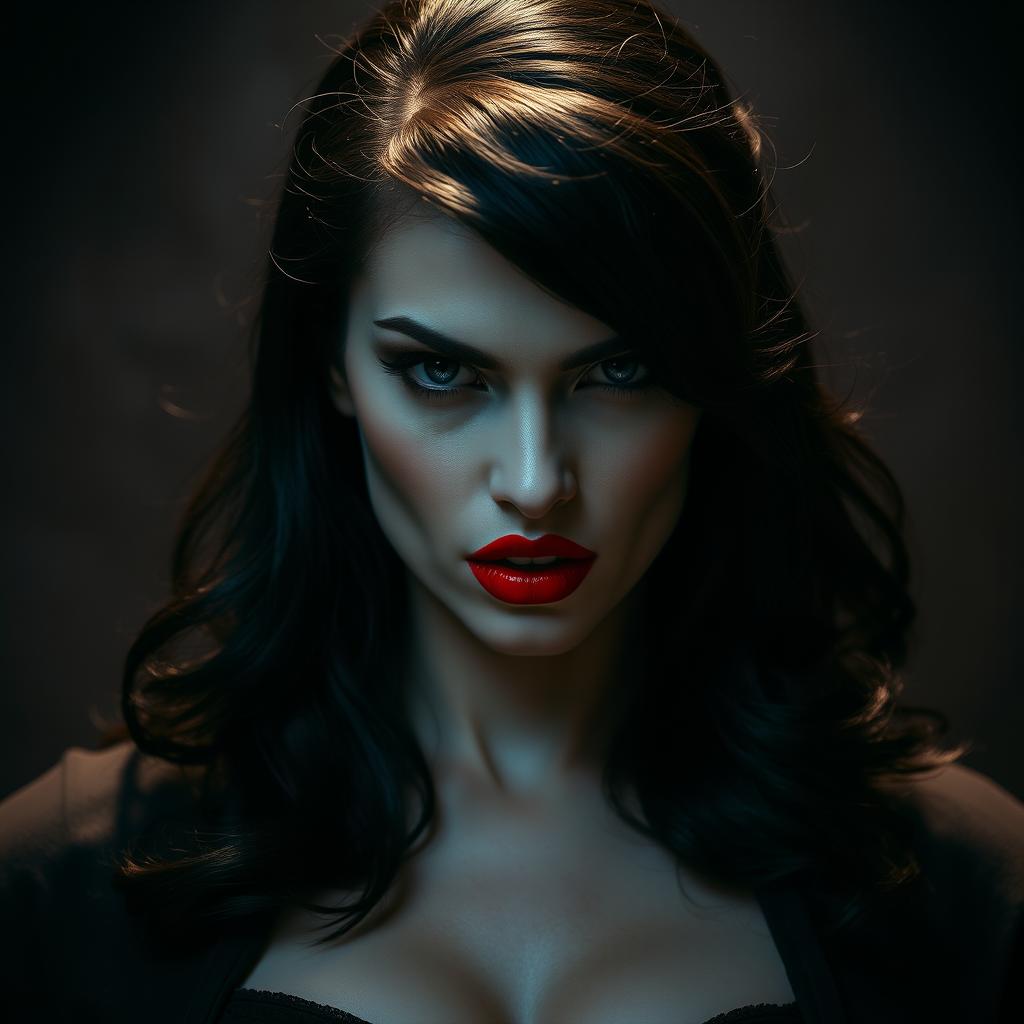 a beautiful, vengeful woman with striking red lipstick