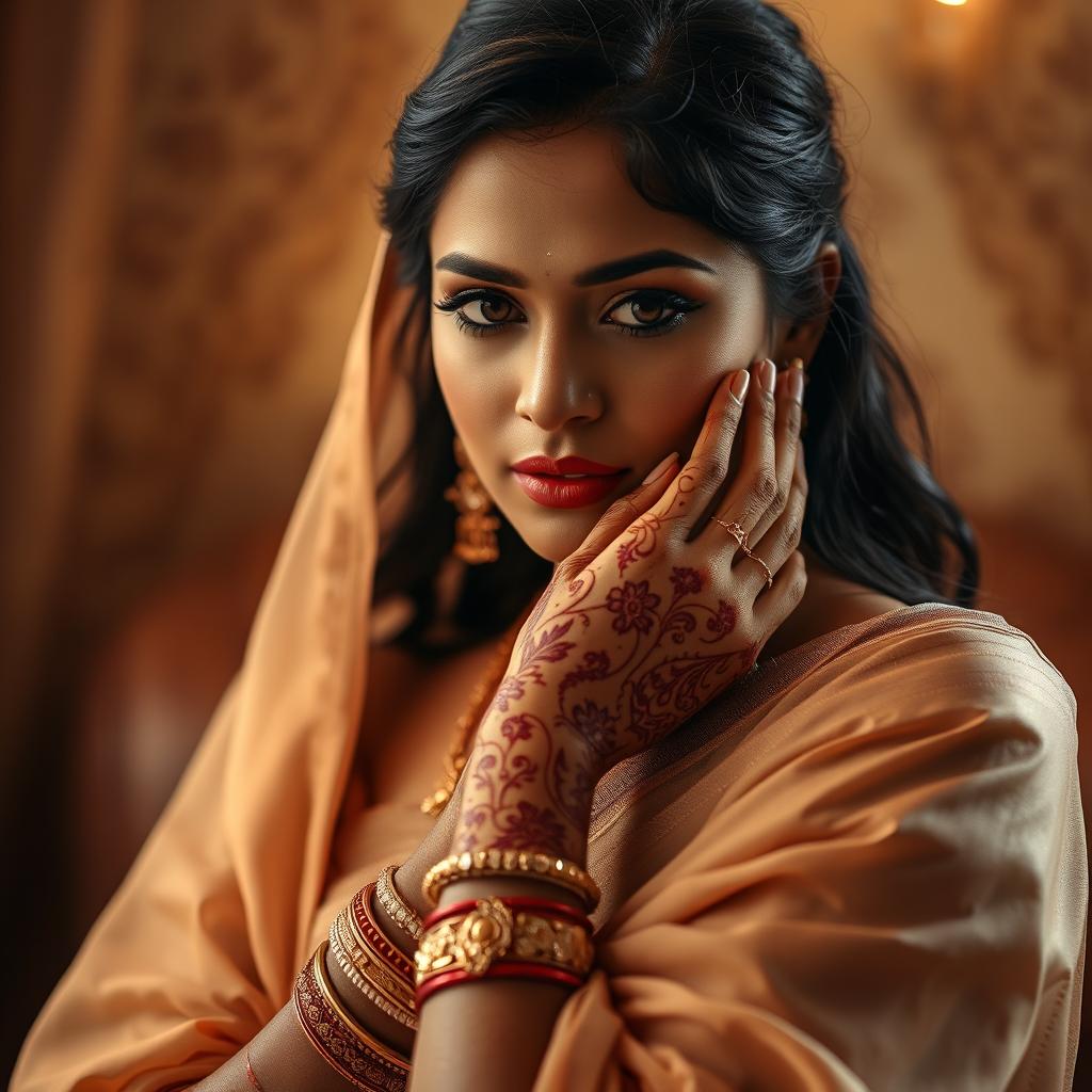 A woman of Indian descent with a sensuous presence, highlighting her cultural beauty and charisma