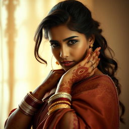 A woman of Indian descent with a sensuous presence, highlighting her cultural beauty and charisma