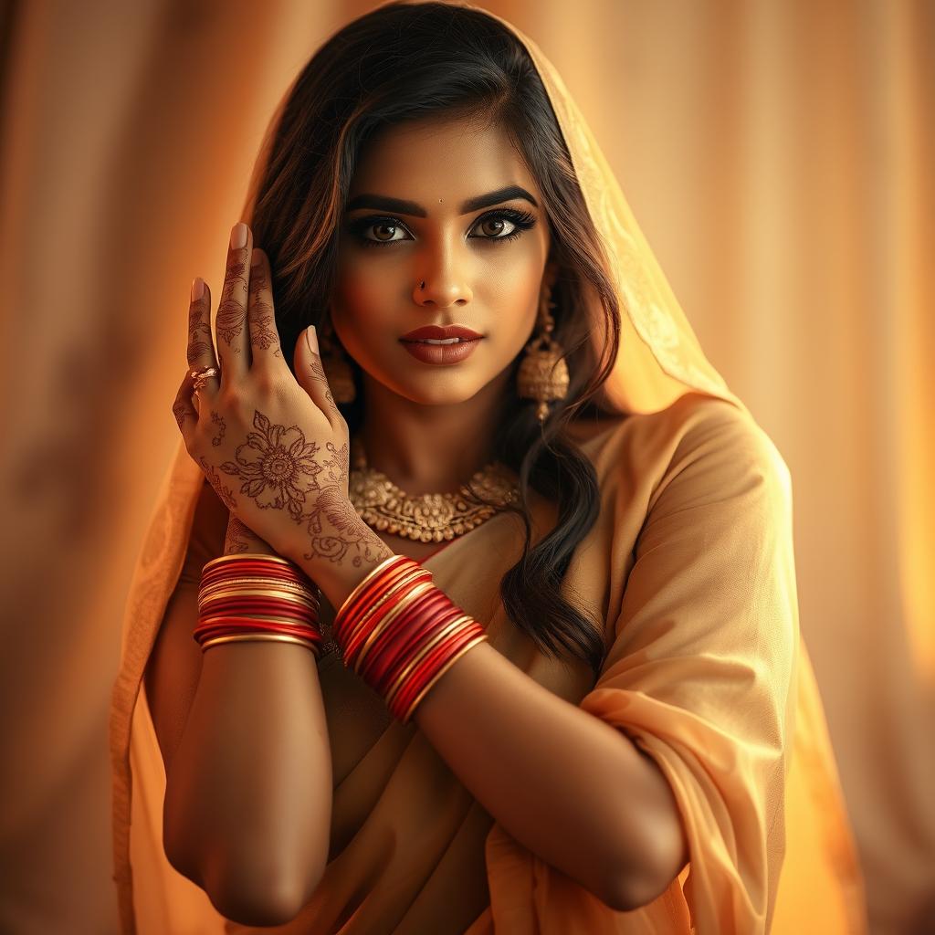 A woman of Indian descent with a sensuous presence, highlighting her cultural beauty and charisma