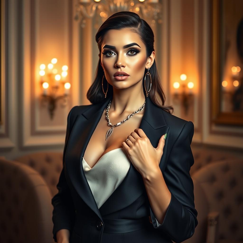 A stunning representation of a glamorous and elegant woman inspired by the style of Georgina Rodriguez