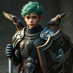 a young paladin with emerald hair, wearing intricately designed chain mail armor featuring two majestic falcons perched on each shoulder