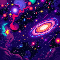 A stunning pixel art scene with a cosmic background, featuring a vibrant universe filled with colorful nebulae, twinkling stars, and swirling galaxies