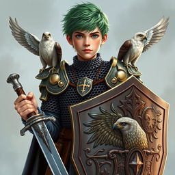 a young paladin with emerald hair, wearing intricately designed chain mail armor featuring two majestic falcons perched on each shoulder