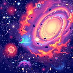 A stunning pixel art scene with a cosmic background, featuring a vibrant universe filled with colorful nebulae, twinkling stars, and swirling galaxies