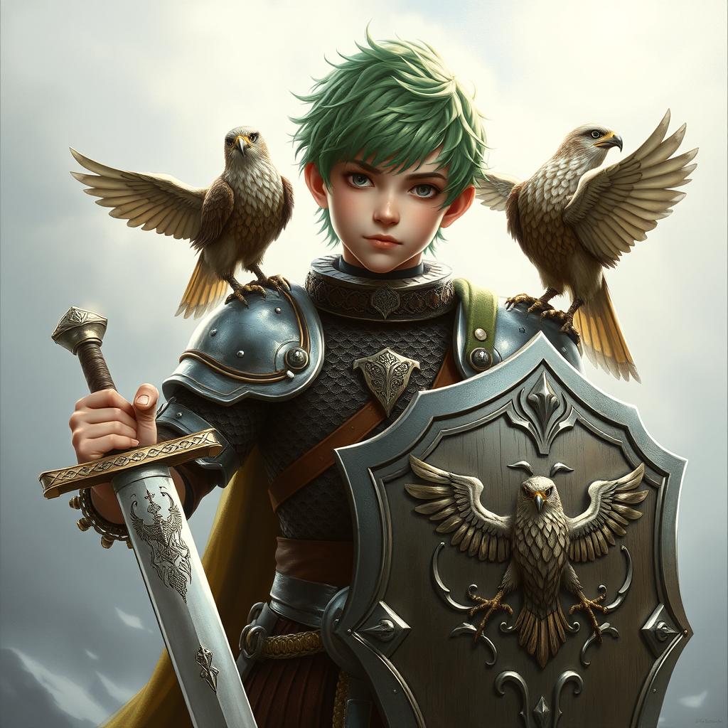 a young paladin with emerald hair, wearing intricately designed chain mail armor featuring two majestic falcons perched on each shoulder