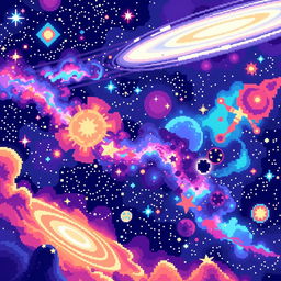 A stunning pixel art scene with a cosmic background, featuring a vibrant universe filled with colorful nebulae, twinkling stars, and swirling galaxies