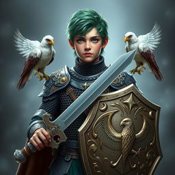 a young paladin with emerald hair, wearing intricately designed chain mail armor featuring two majestic falcons perched on each shoulder