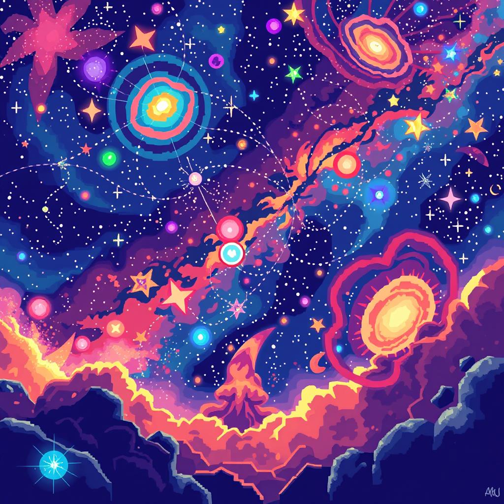 A stunning pixel art scene with a cosmic background, featuring a vibrant universe filled with colorful nebulae, twinkling stars, and swirling galaxies