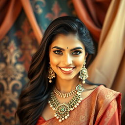 A beautiful Indian woman with elegant jewelry and a warm smile, set against a luxurious backdrop with rich colors