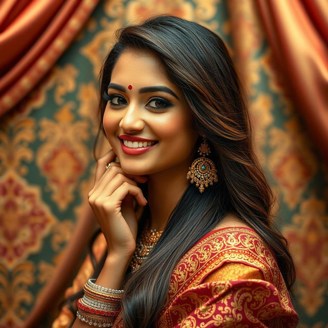 A beautiful Indian woman with elegant jewelry and a warm smile, set against a luxurious backdrop with rich colors