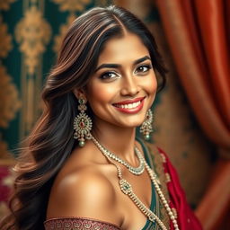 A beautiful Indian woman with elegant jewelry and a warm smile, set against a luxurious backdrop with rich colors