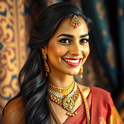 A beautiful Indian woman with elegant jewelry and a warm smile, set against a luxurious backdrop with rich colors