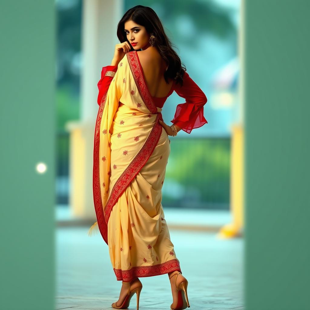 A woman in a seductive pose, wearing a cream and red Mekhela Chadar with a red blouse