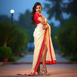 A woman in a seductive pose, wearing a cream and red Mekhela Chadar with a red blouse