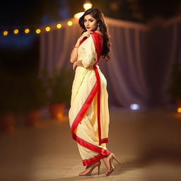 A woman in a seductive pose, wearing a cream and red Mekhela Chadar with a red blouse