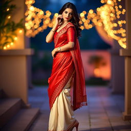 A woman in a seductive pose, wearing a cream and red Mekhela Chadar with a red blouse