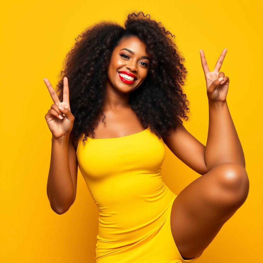 A woman with a caramel complexion and a curly afro poses playfully