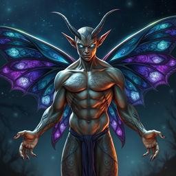 A humanoid male with four arms, each muscular and detailed, revealing intricate designs etched into his skin