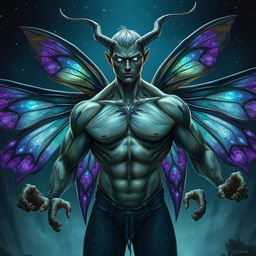 A humanoid male with four arms, each muscular and detailed, revealing intricate designs etched into his skin