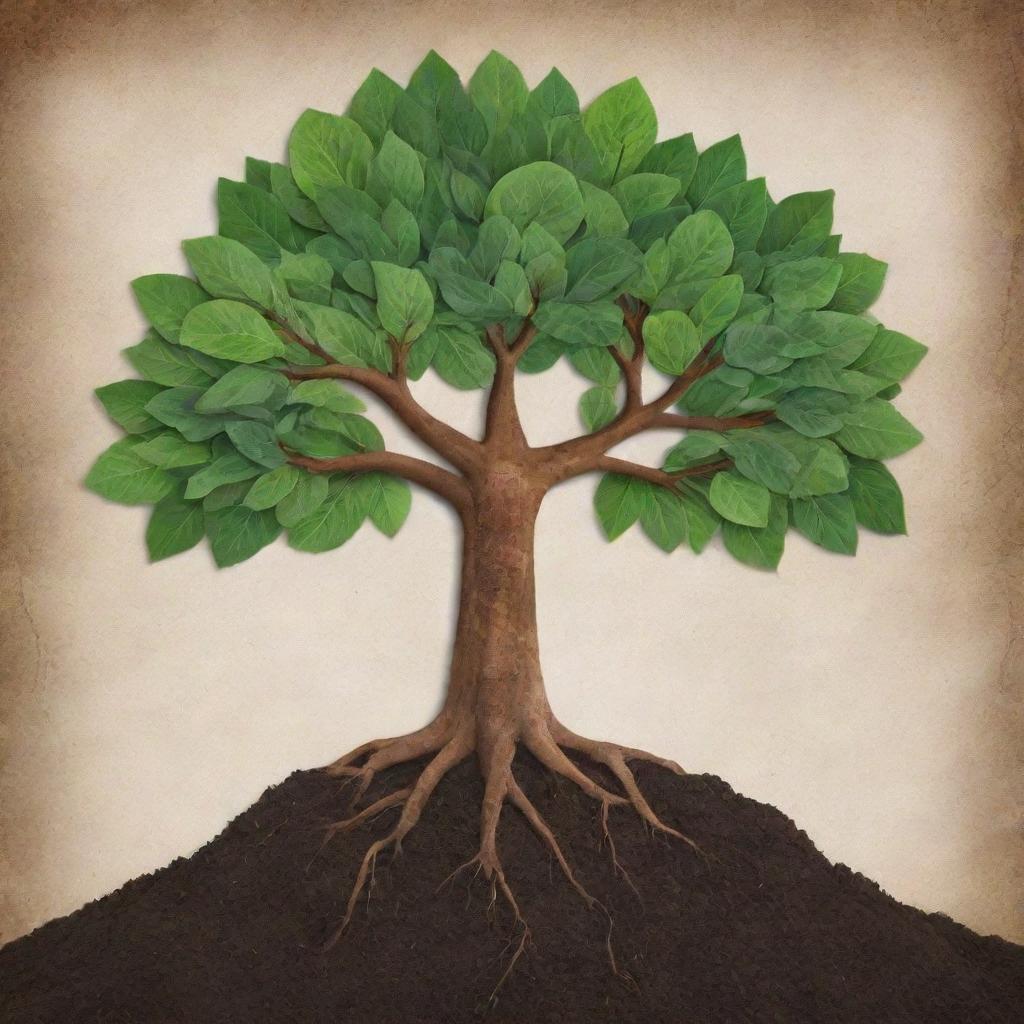 Illustrate the symbolic representation of the value of health as a strong, vital tree, with leaves indicating diverse aspects of well-being, and roots embedded deep in a nutrient-rich soil representing proper nutrition and exercise.