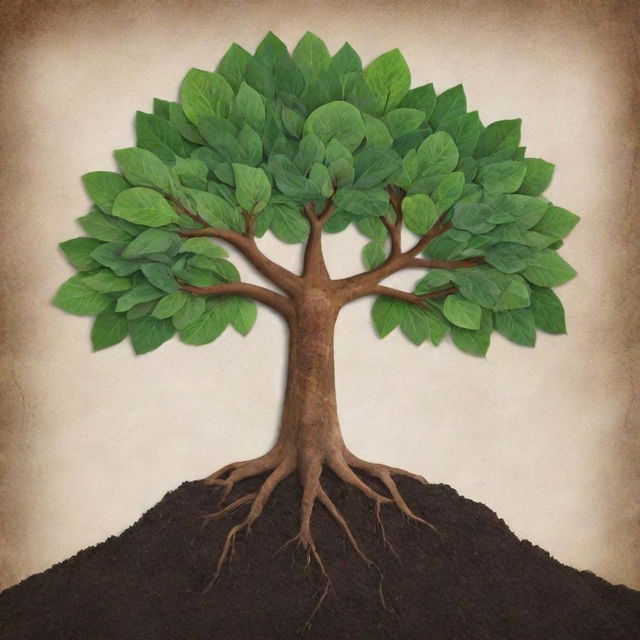 Illustrate the symbolic representation of the value of health as a strong, vital tree, with leaves indicating diverse aspects of well-being, and roots embedded deep in a nutrient-rich soil representing proper nutrition and exercise.