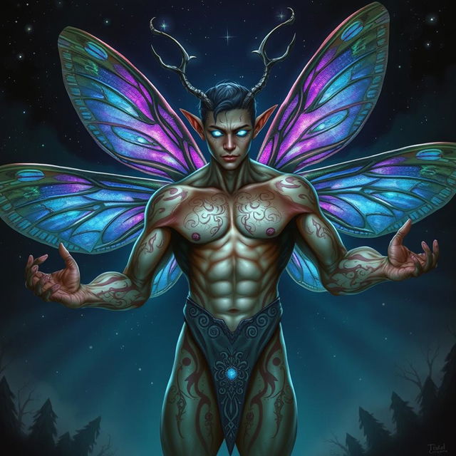 A humanoid male with four arms, each muscular and detailed, revealing intricate designs etched into his skin