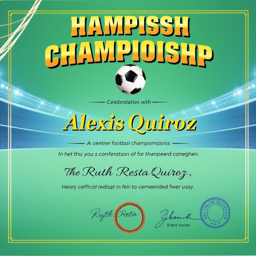 A distinguished football championship diploma featuring an action shot of a football going into a net and a faint outline of a stadium in the background